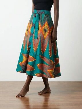 Handmade Wrap Skirt Teal African Print A-Line Bold Pattern 38”